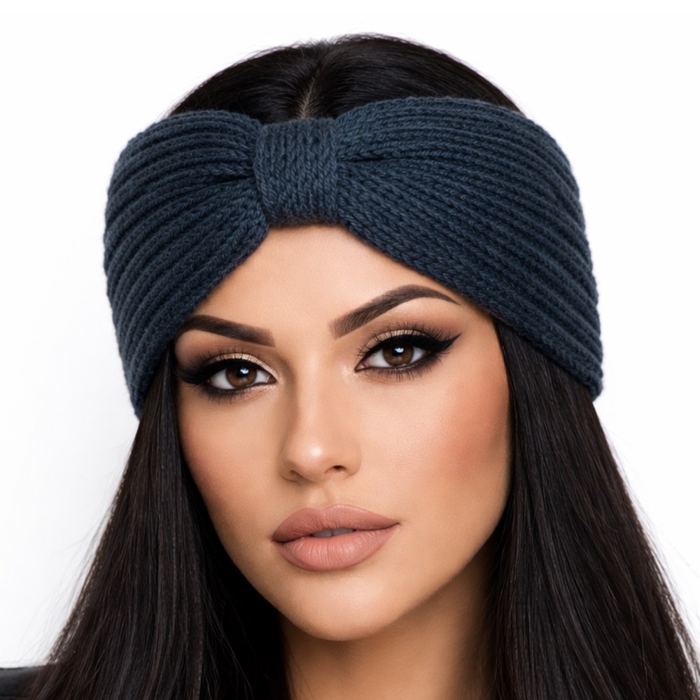 Navy Blue Chunky Knit Bow Headband Ear Warmer | Winter Turban Style